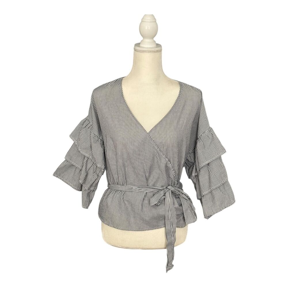 IRIS Blouse Womens Large Blue White Stripe Kimono Wrap Ruffle Flutter Sleeve Top